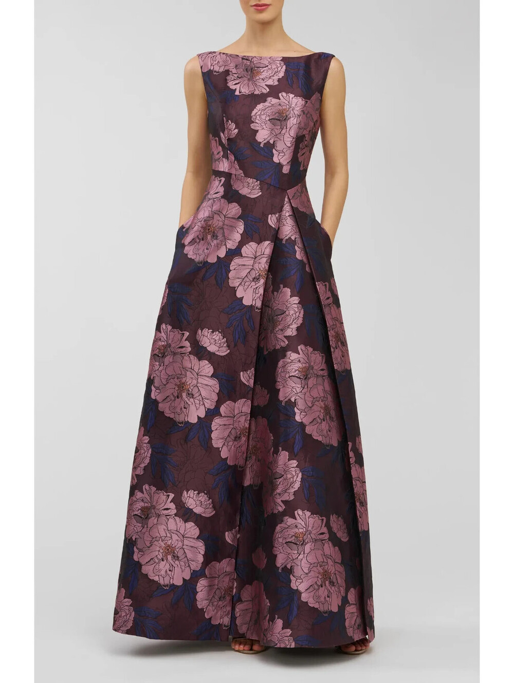 NEW, KAY UNGER Caitlin Metallic Floral Jacquard Sleeveless Gown Sz 12 #LD608